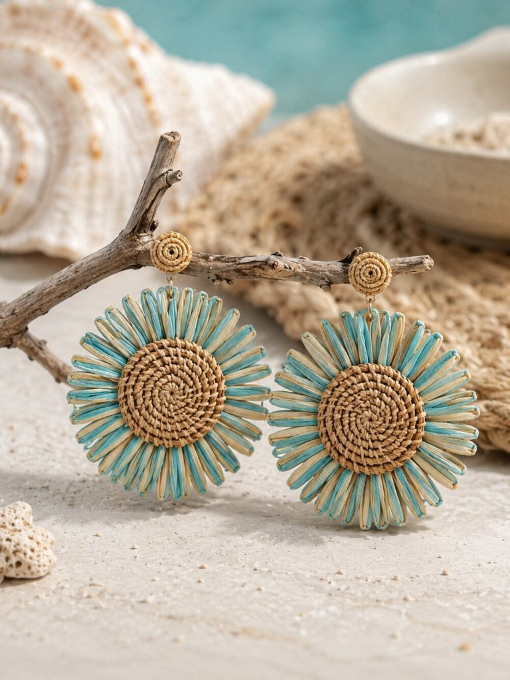 Handwoven Raffia Sunflower Statement Earrings Boho Tan Blue Stainless Steel